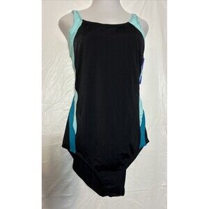 Vtg Inches Off Swimsuit 1 Pc Slimming Plus 30W Tummy Panel Shelf Bra Black Blue